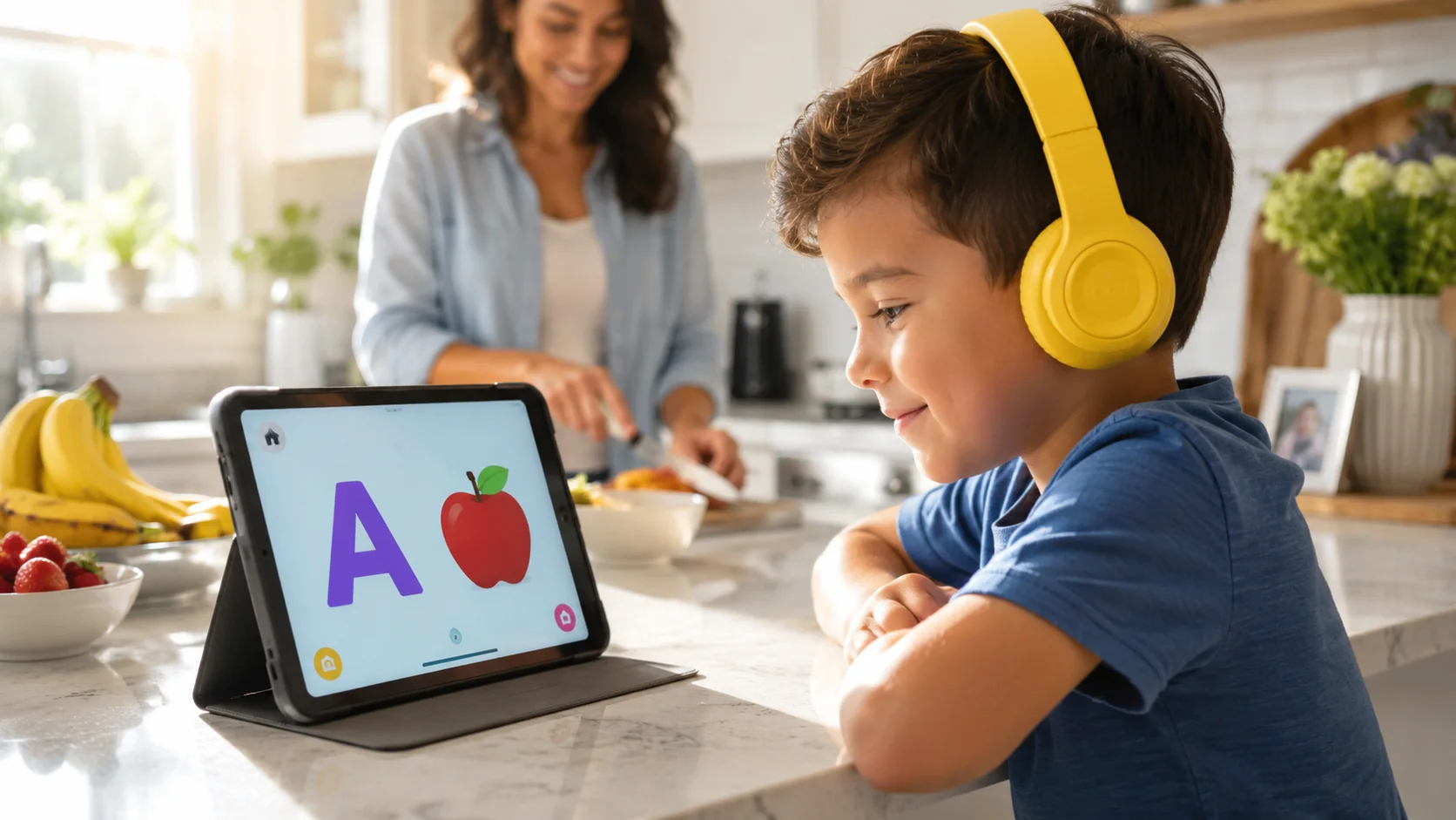 Child using a reading app for kids independently on a tablet with yellow headphones while parent is nearby