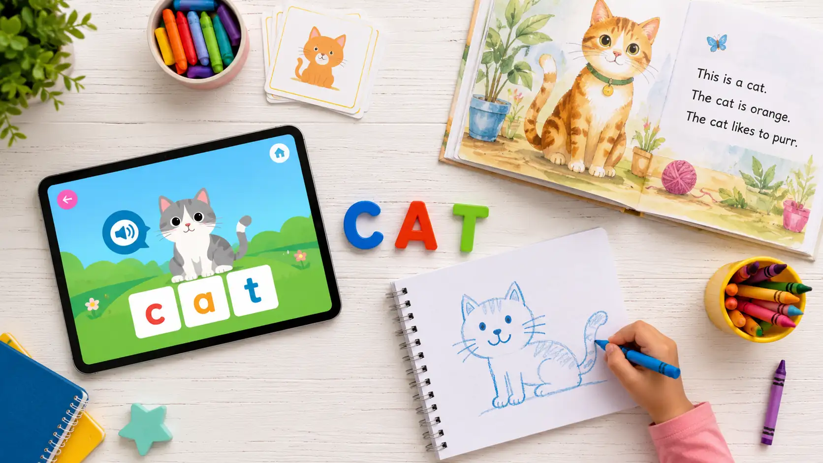 Screen to print reading activity showing tablet app alongside magnetic letters decodable book and child drawing