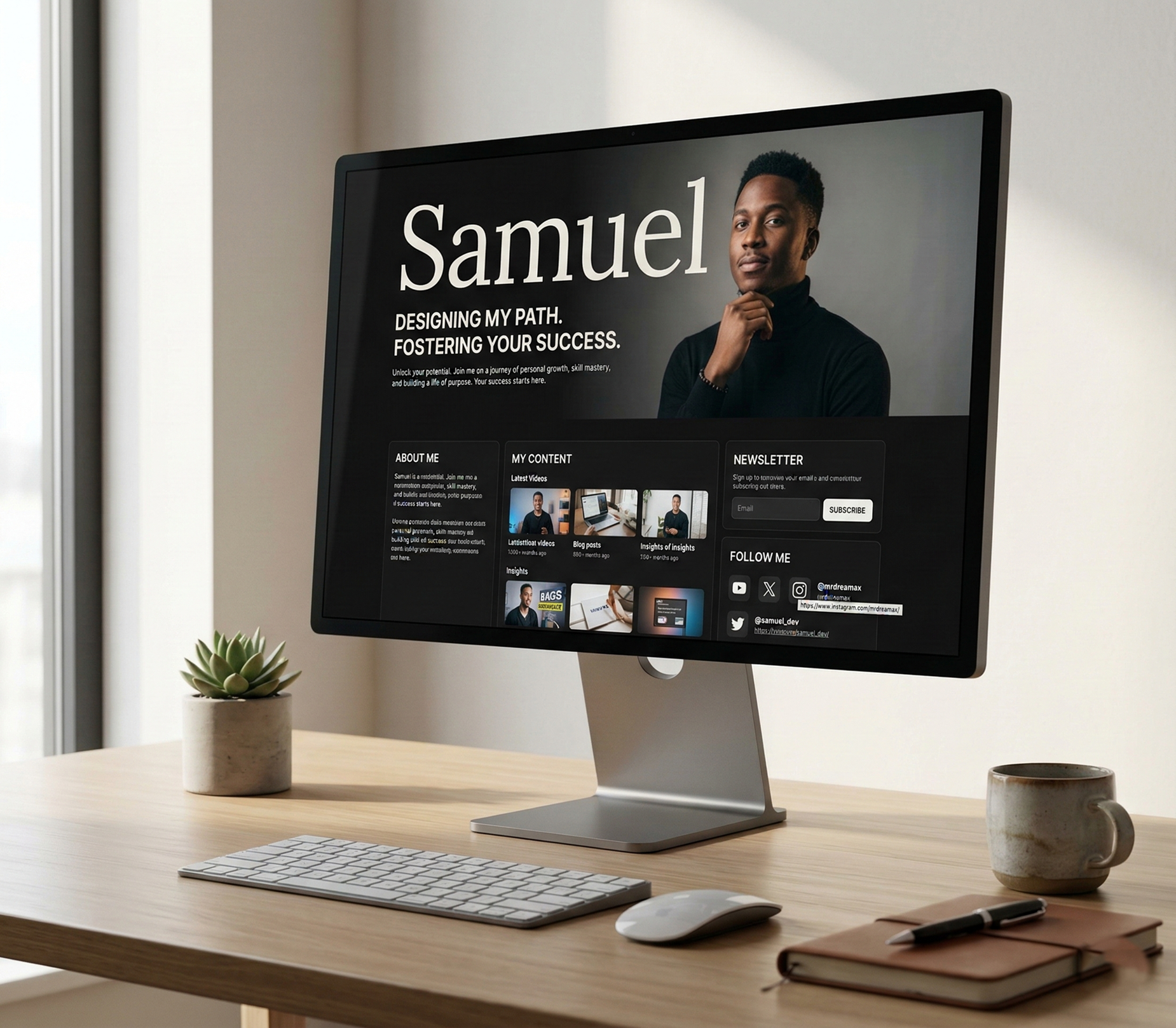 Desktop computer on a wooden desk displaying a personal portfolio website for Samuel featuring a portrait, about me section, content previews, newsletter signup, and social media links.