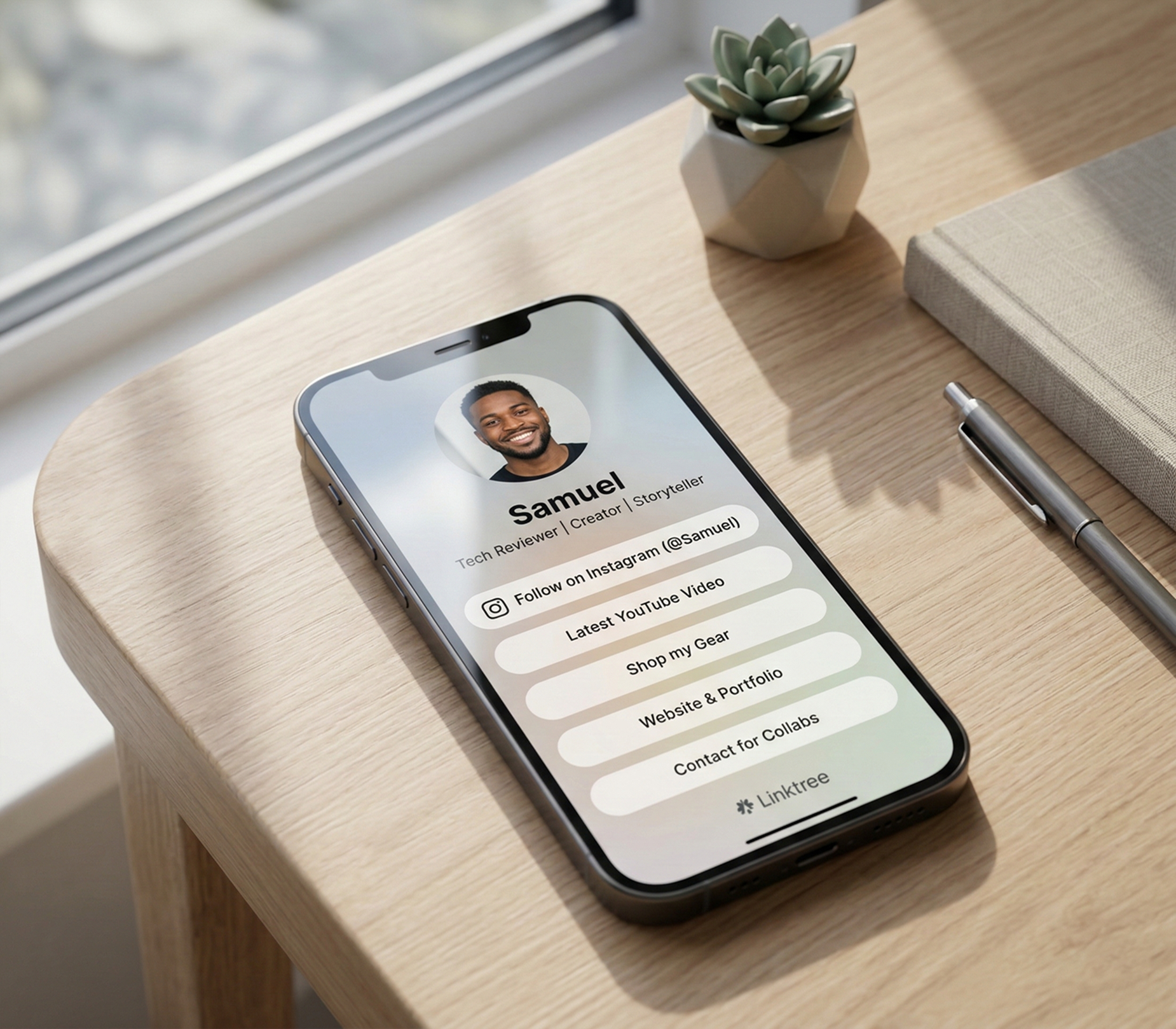 Smartphone on wooden desk showing social profile of Samuel, tech reviewer and storyteller, with buttons for Instagram, YouTube, gear shop, portfolio, and collaborations.