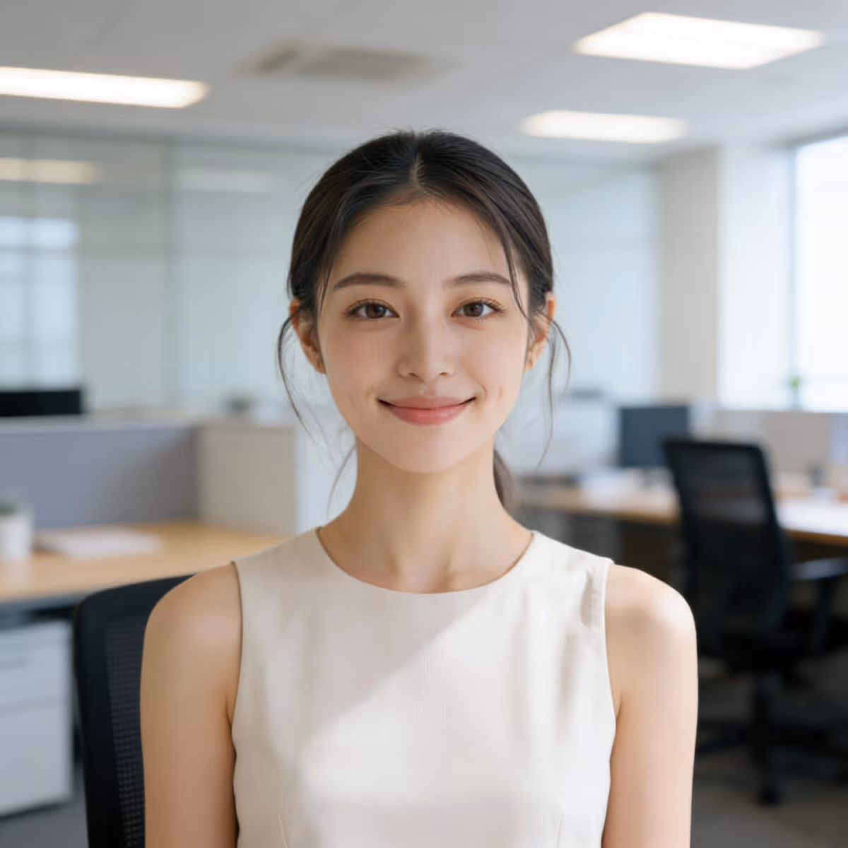 Young woman with dark hair tied back, wearing a sleeveless white top, smiling in a modern office setting.