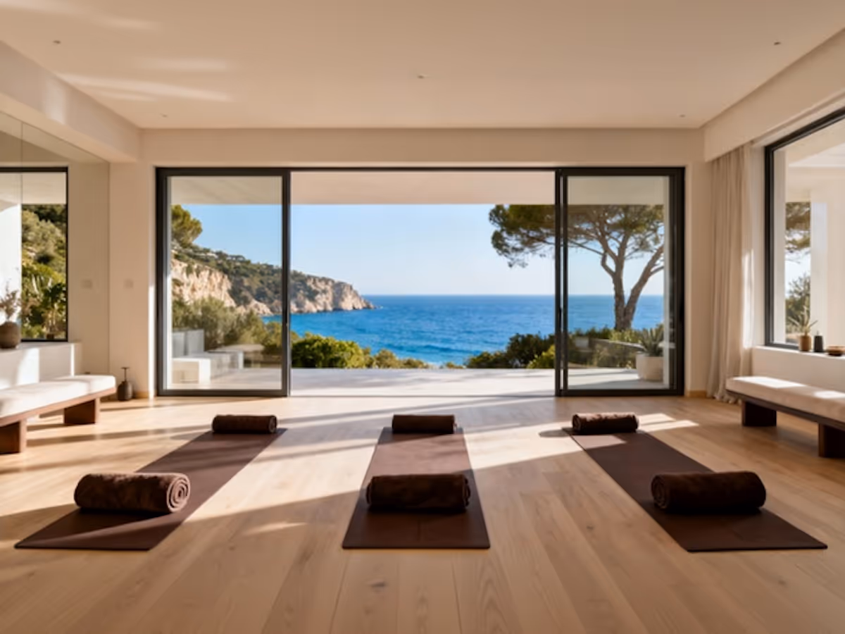 Yoga studio with three mats and rolled towels facing large sliding glass doors overlooking a coastal view with cliffs and ocean.