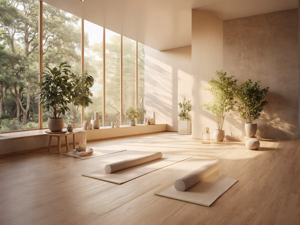 Bright yoga studio with large floor-to-ceiling windows, wooden floor, two mats with cylindrical bolsters, and multiple green plants in pots.