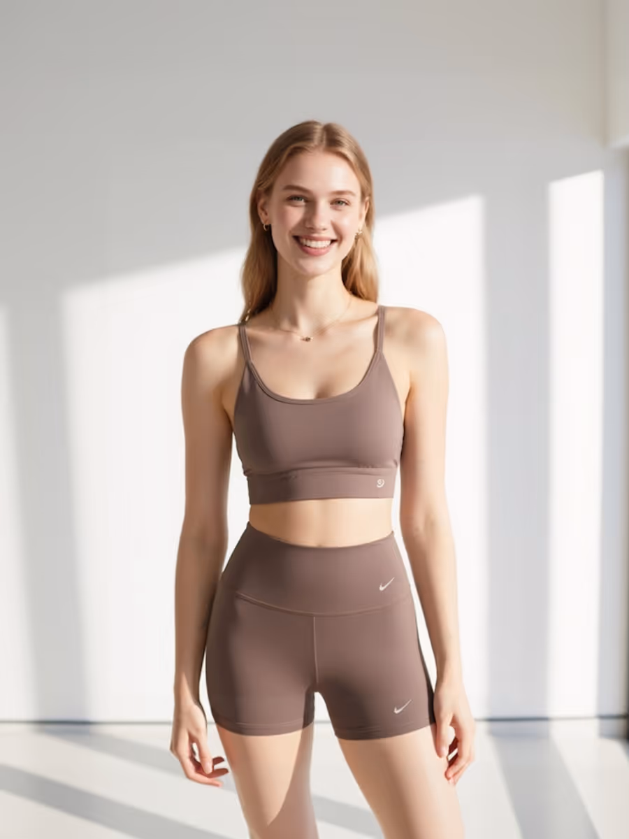 Smiling woman in brown athletic sports bra and high-waisted shorts standing in bright room with sunlight on the walls.