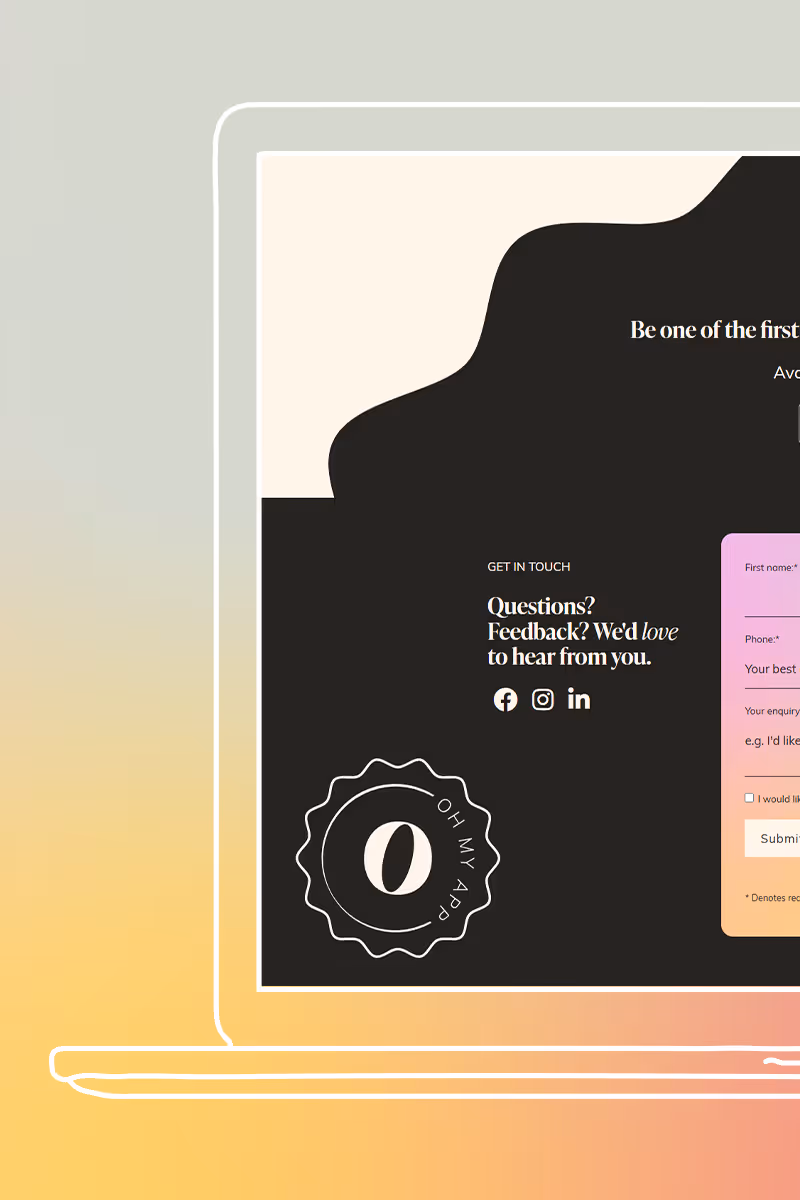 oh my app website footer on laptop