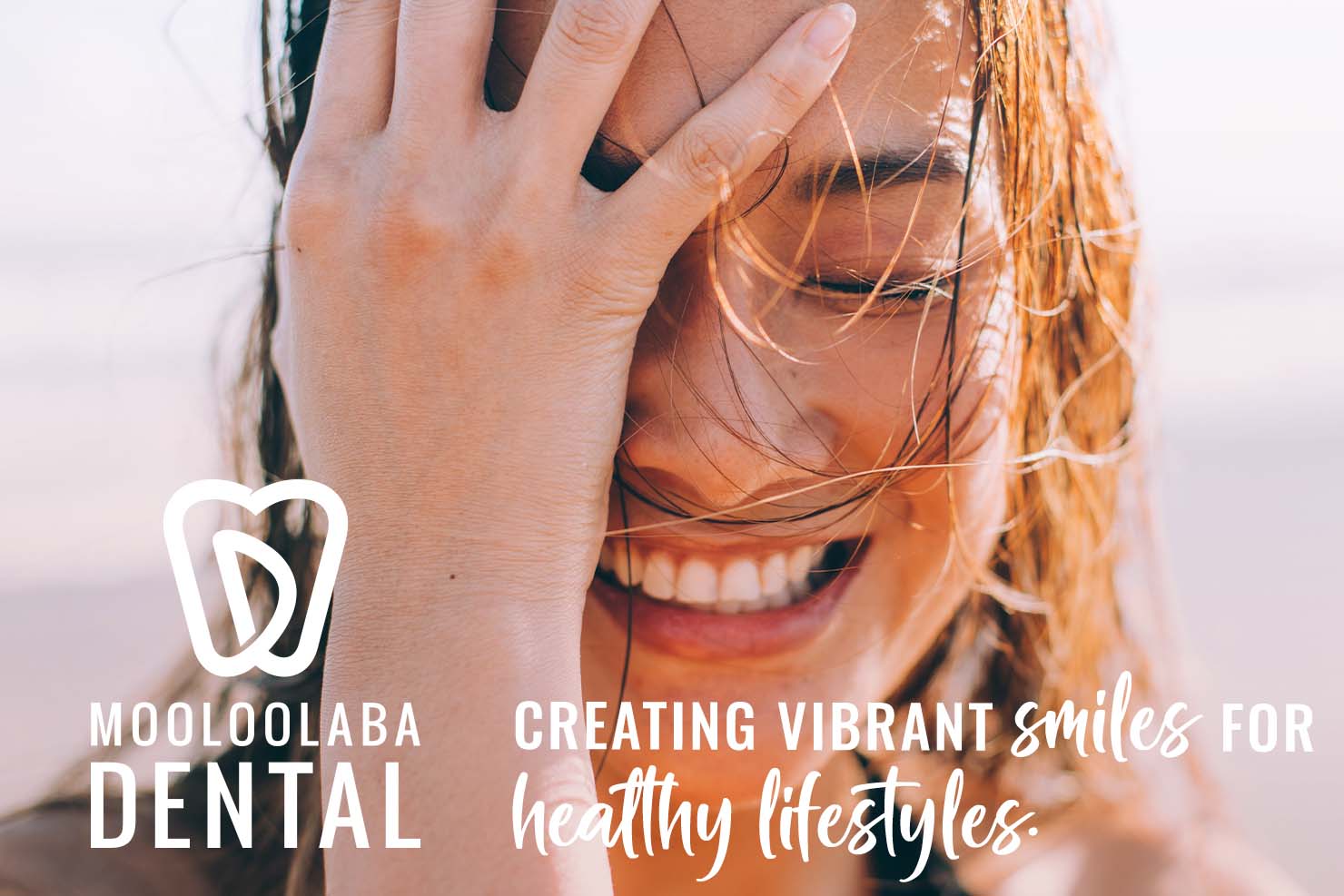 Mooloolaba Dental logo and tagline over image of smiling woman
