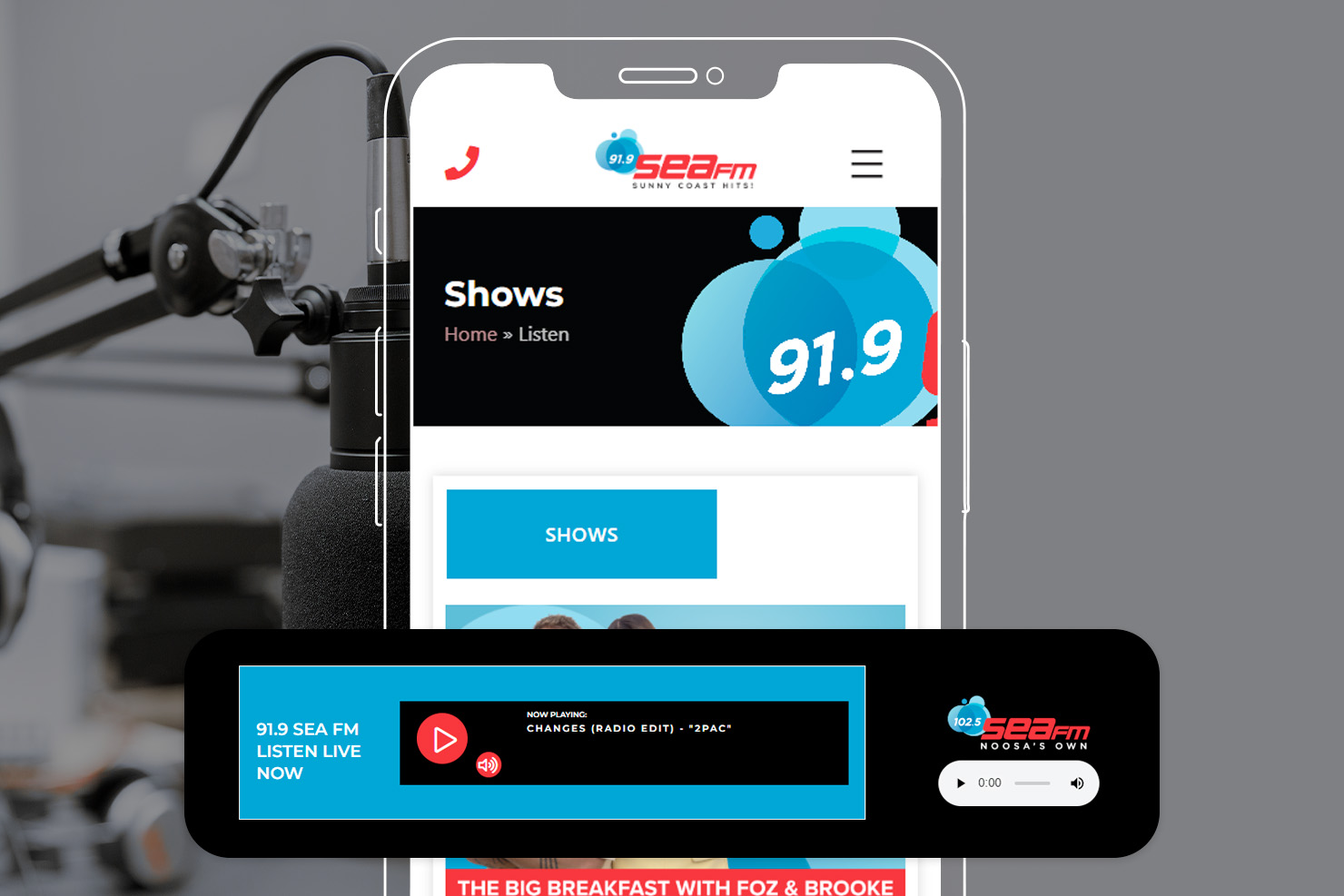 Sea FM website on mobile with live listen feature