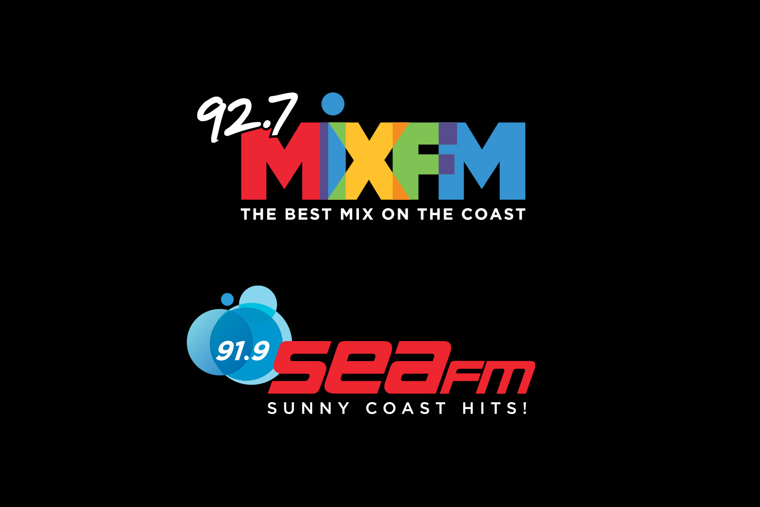 Mix FM and Sea FM logos on dark background