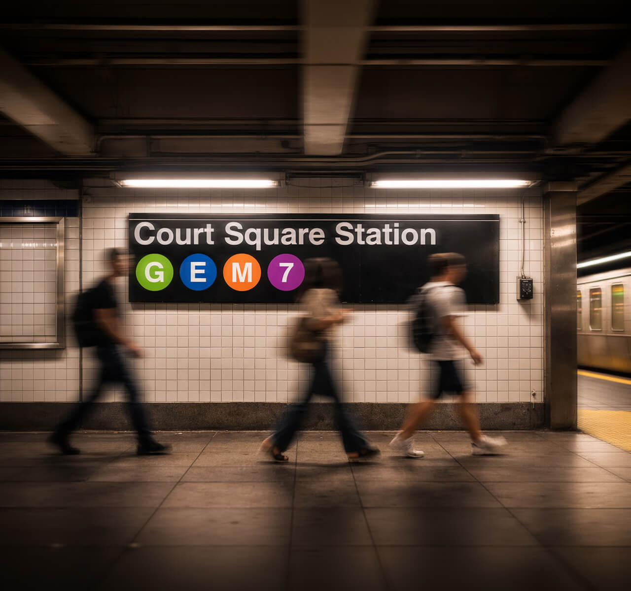 People walking past a Court Square Station subway sign showing G, E, M, and 7 lines