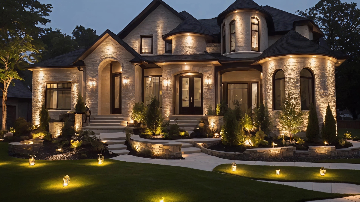 Side view of large stone home with multiple roof pitches and new shingles in Southlake TX