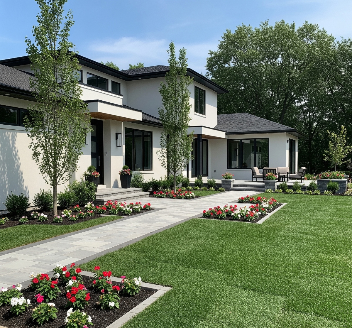 Front view of brick and stone home with landscaped yard and new shingle roof in Southlake TX