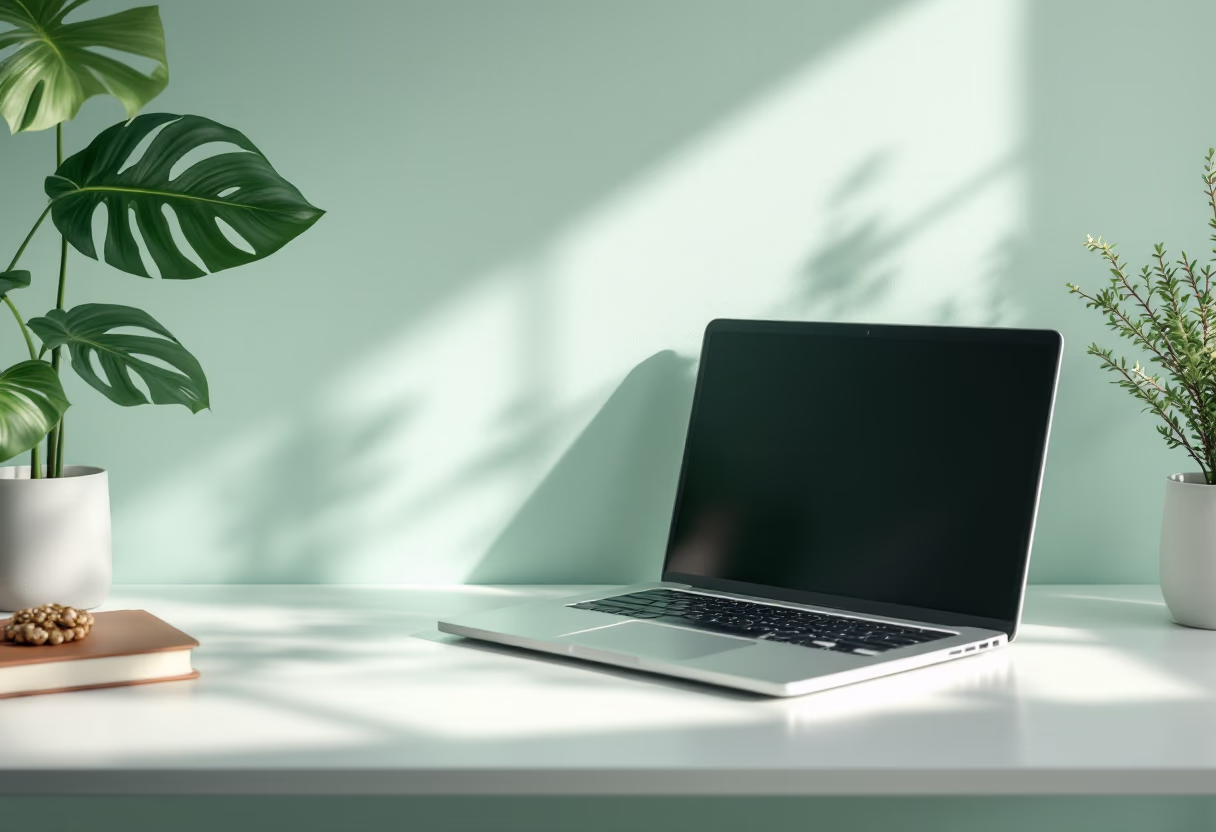 [background image] image of a desk with a laptop and a plant