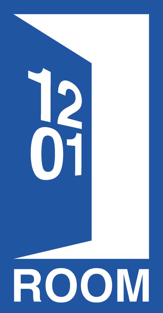 White stylized door with the number 1201 inside it and 'ROOM' written below on a blue background.
