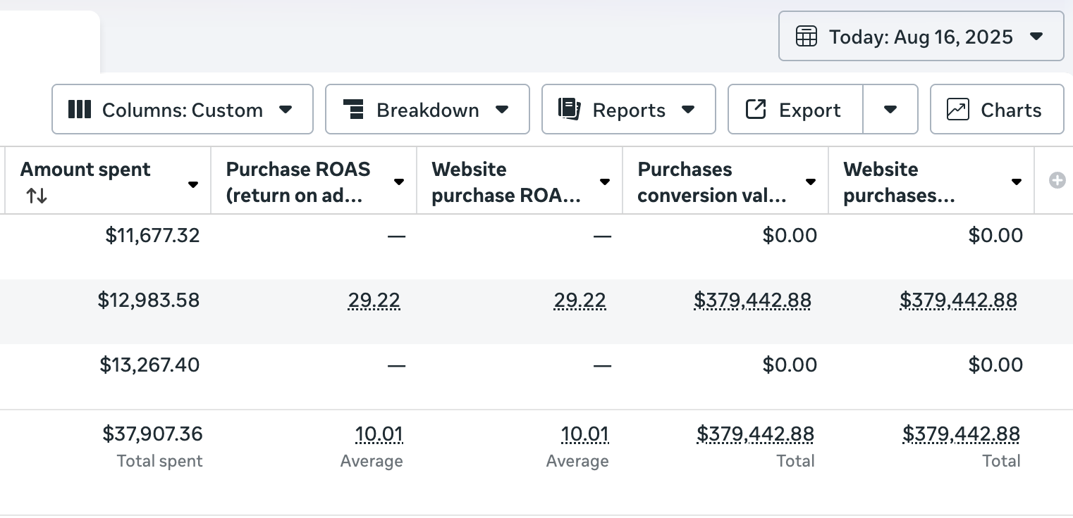 Table showing ad spend, purchase ROAS, website purchase ROAS, purchase conversion value, and website purchases for August 16, 2025, with totals and averages.