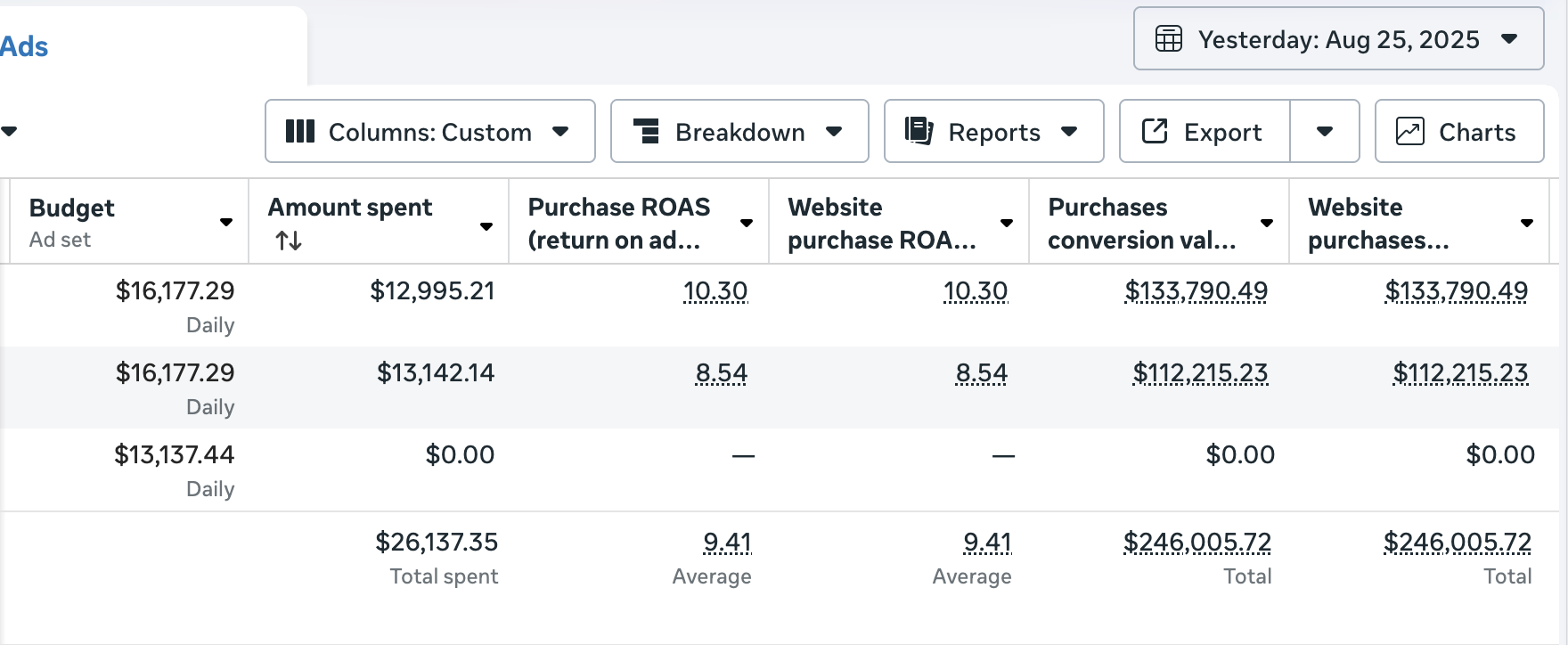 Table showing ad campaign metrics for August 25, 2025, with budget, amount spent, purchase ROAS, website purchase ROAS, purchases conversion value, and website purchases values.