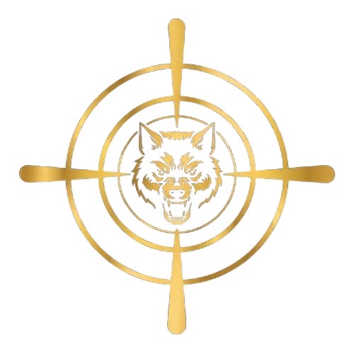 Gold-colored crosshair target with a snarling wolf's head in the center on a white background.