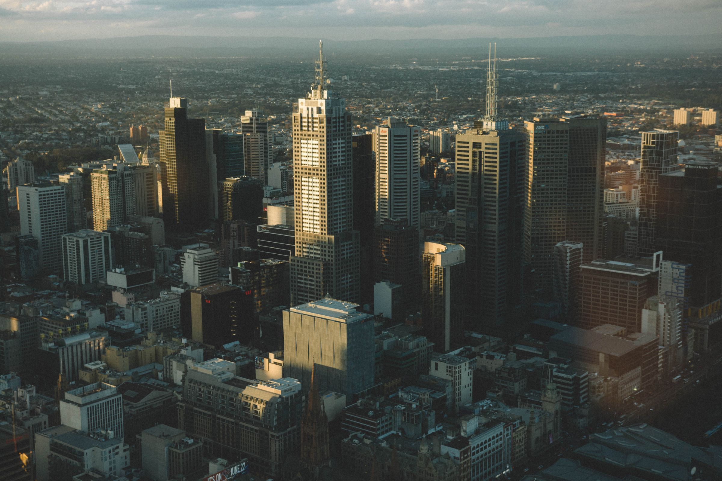 Aerial view of the Melbourne central business district at golden hour