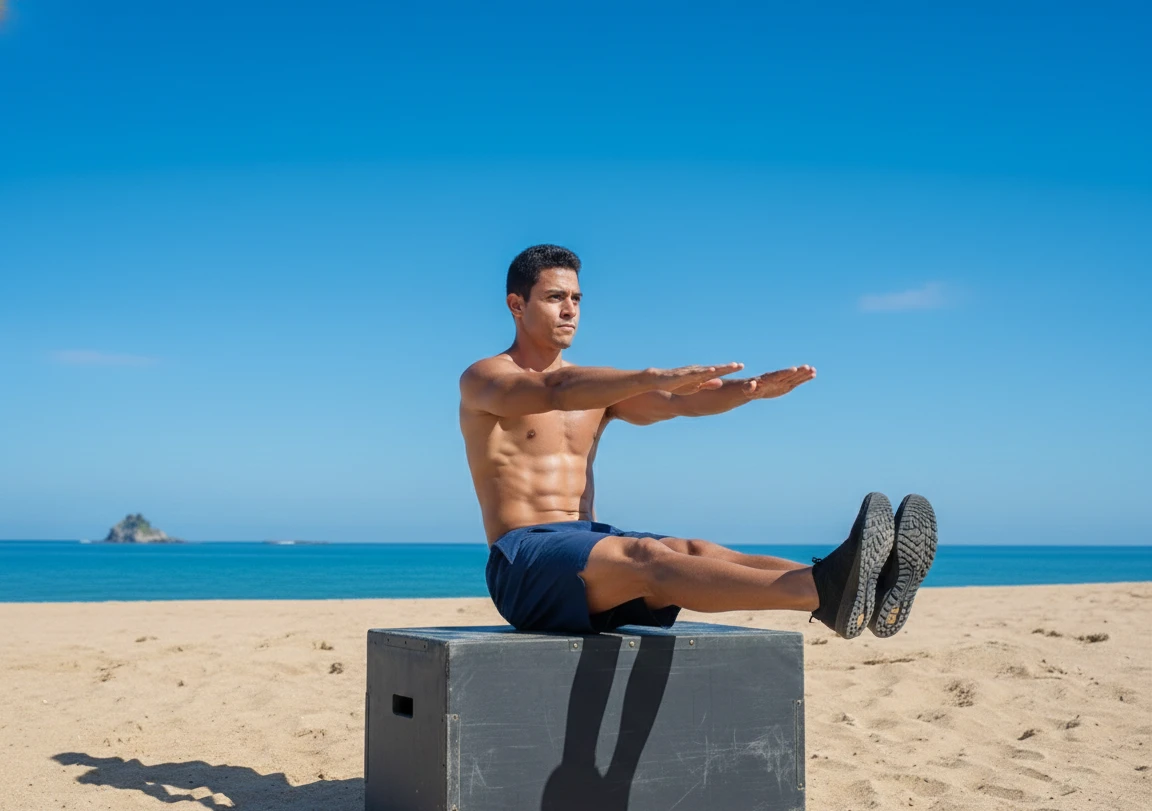 Boy playing with a soccer ball on a sandy beach under clear blue sky.