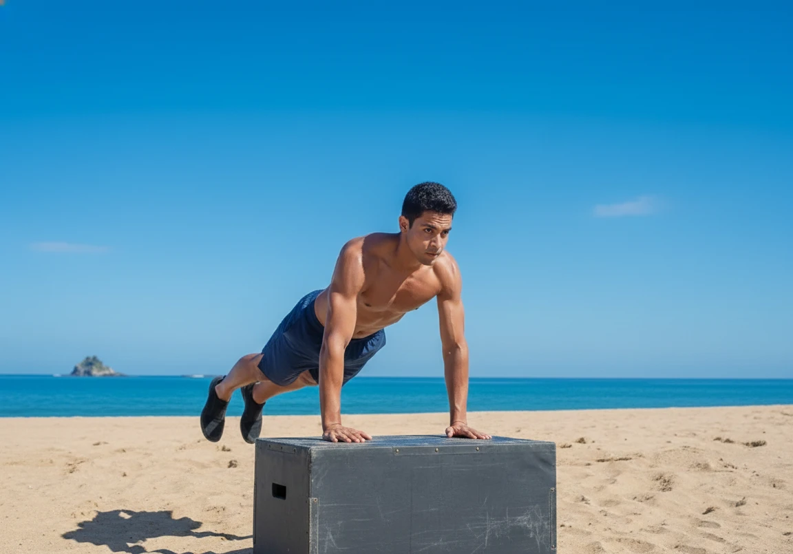 A shirtless boy playing beach soccer, balancing a ball on his raised foot against a clear blue sky.