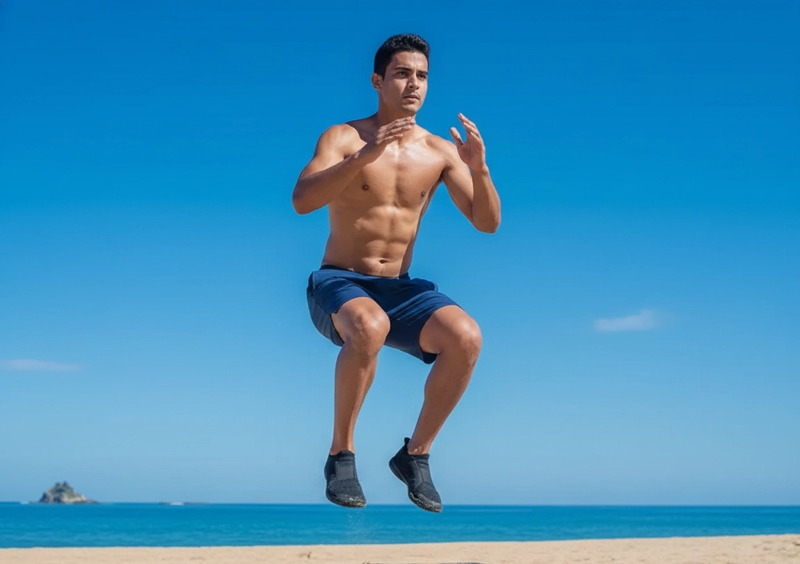 Shirtless boy wearing blue swim trunks playing with a soccer ball on a sandy beach under a clear blue sky.