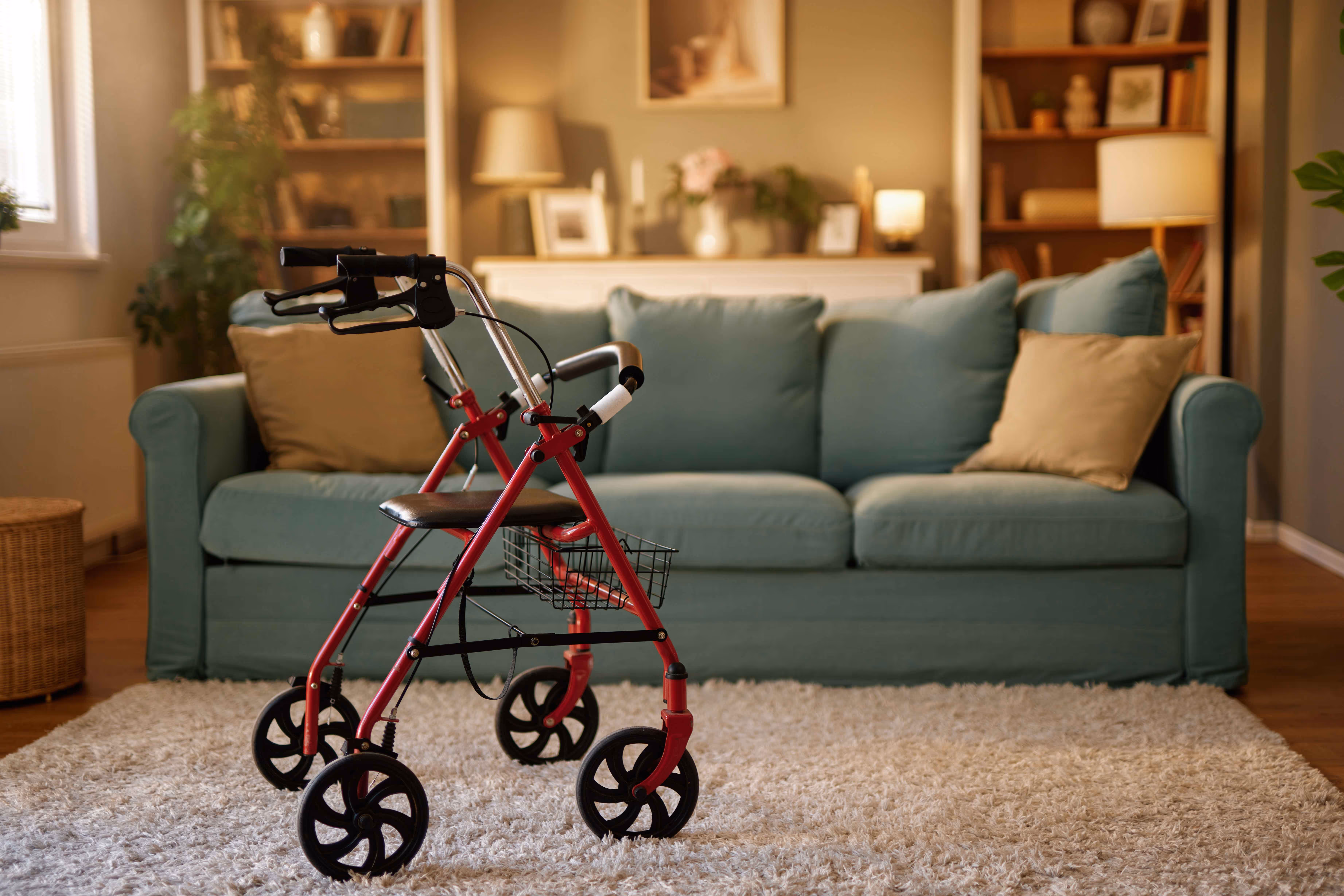 Red walker with seat and basket in a cozy living room with green sofa and soft carpet.