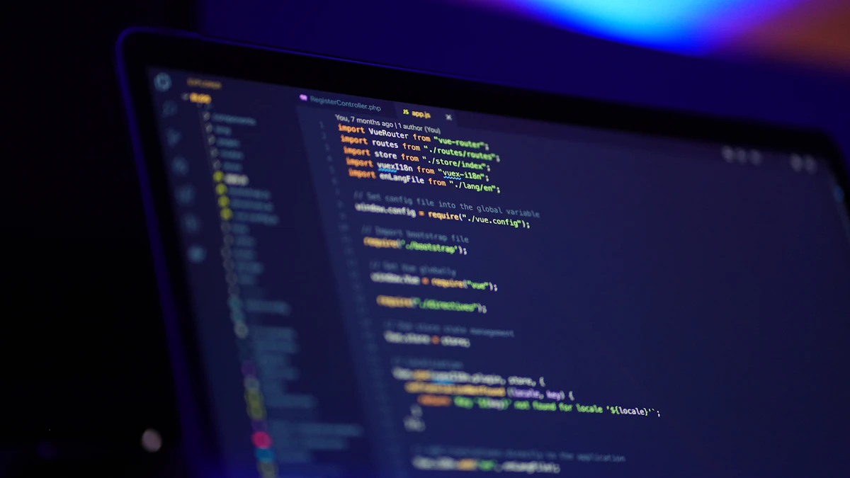 Laptop screen displaying software code under blue and purple light.