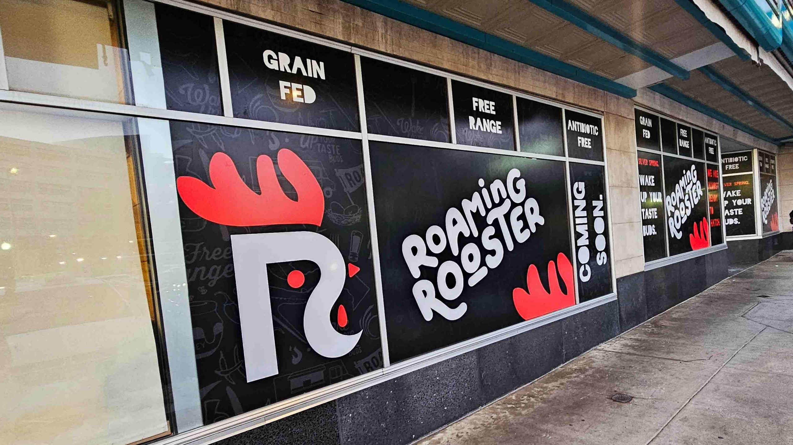 Storefront windows with signs for Roaming Rooster featuring a stylized rooster logo and text highlighting grain fed, free range, antibiotic free, and coming soon.