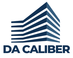 DA CALIBER logo with stylized blue multi-layered building graphic above the text.