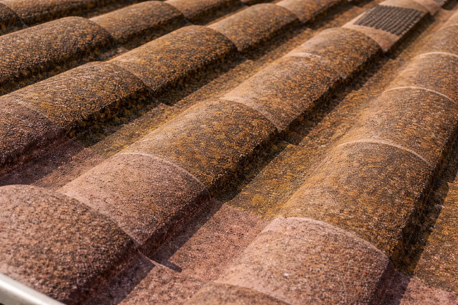 Close-up of curved, weathered terracotta roof tiles with textured surfaces.