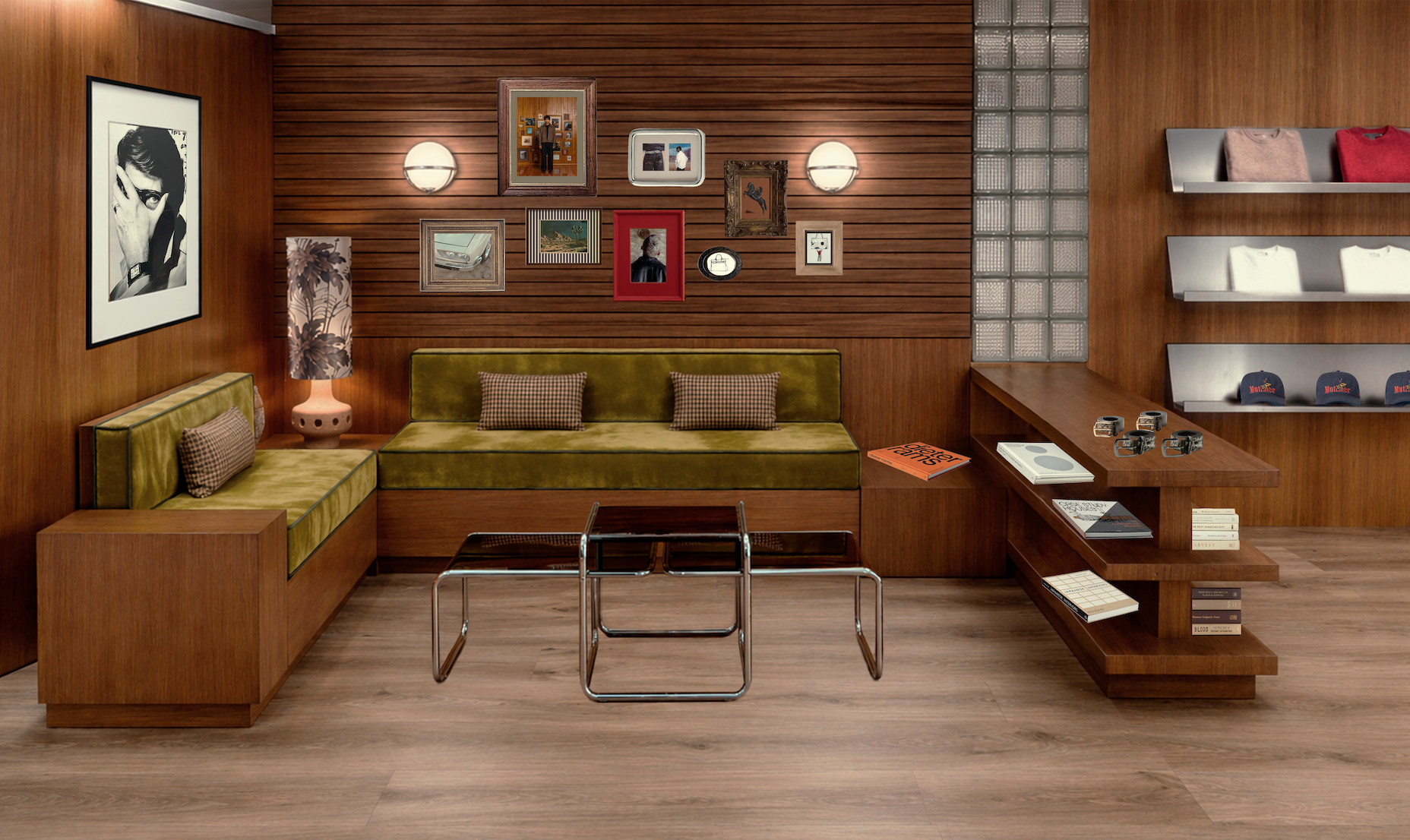 Modern lounge with olive green velvet couches, wood-paneled walls, framed pictures, and a glass coffee table.