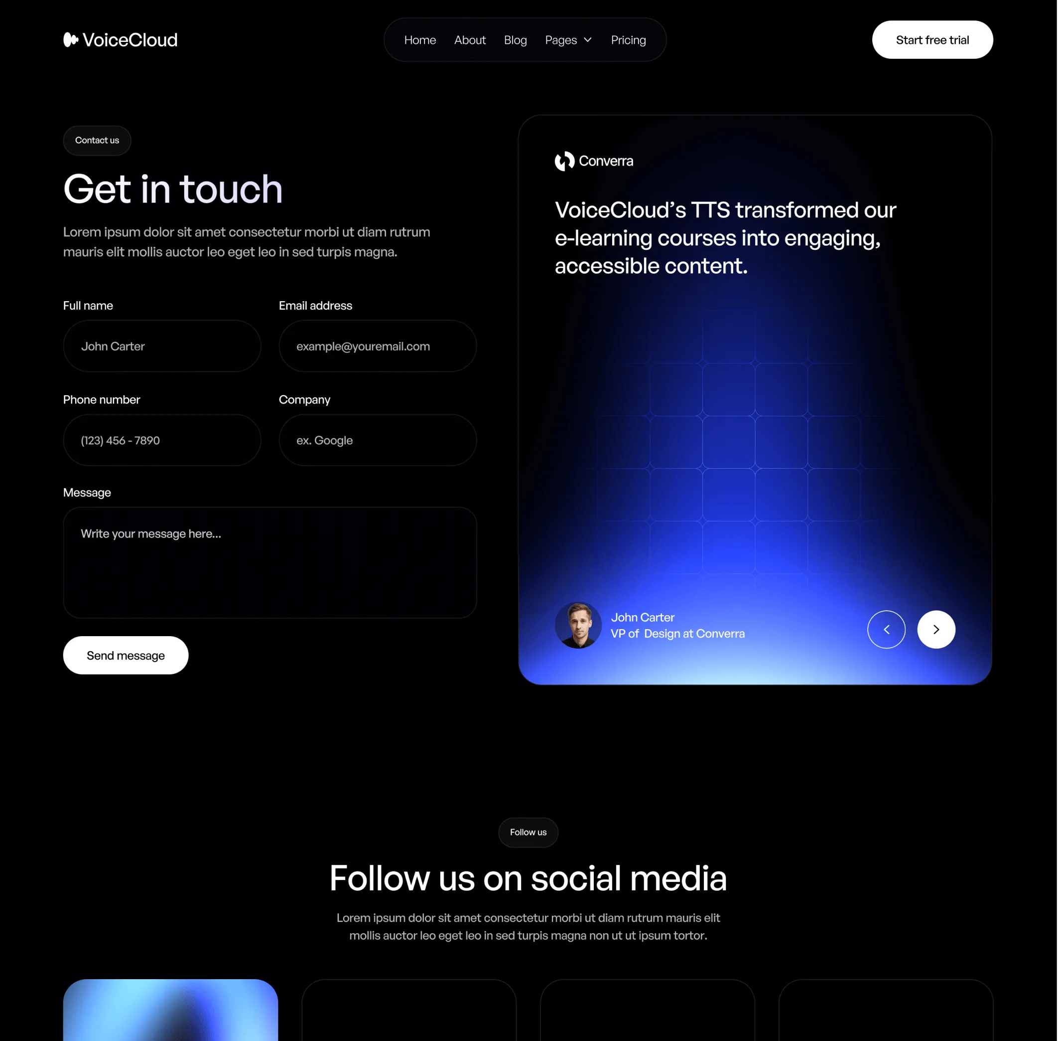 VoiceCloud - Contact V2 Page - Text to Speech App Webflow Template | BRIX Templates
