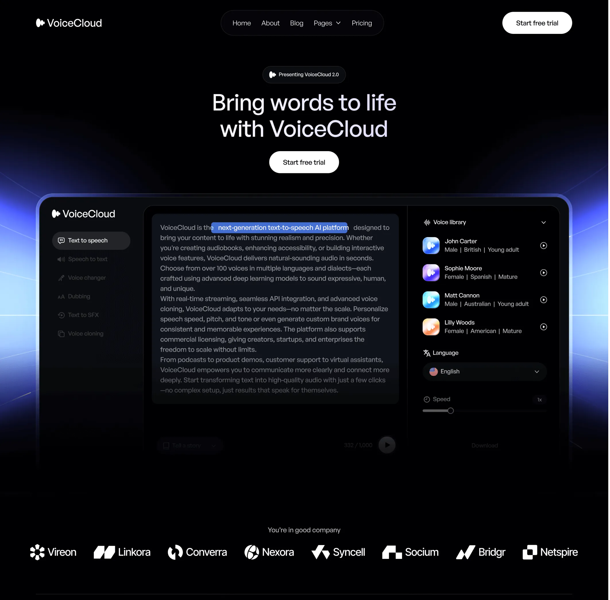 VoiceCloud - Home V1 Page - Text to Speech App Webflow Template | BRIX Templates