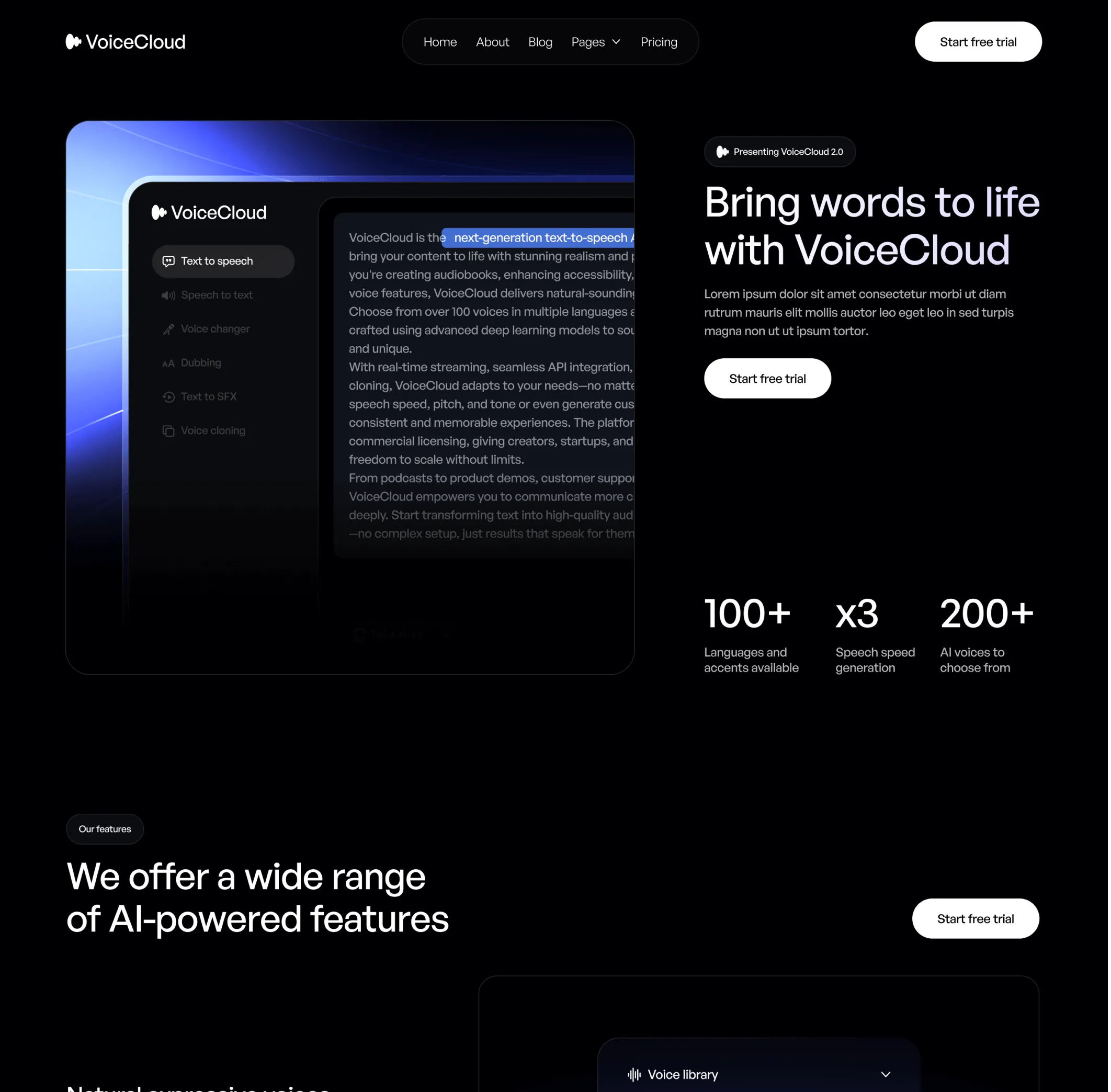 VoiceCloud - Home V2 Page - Text to Speech App Webflow Template | BRIX Templates