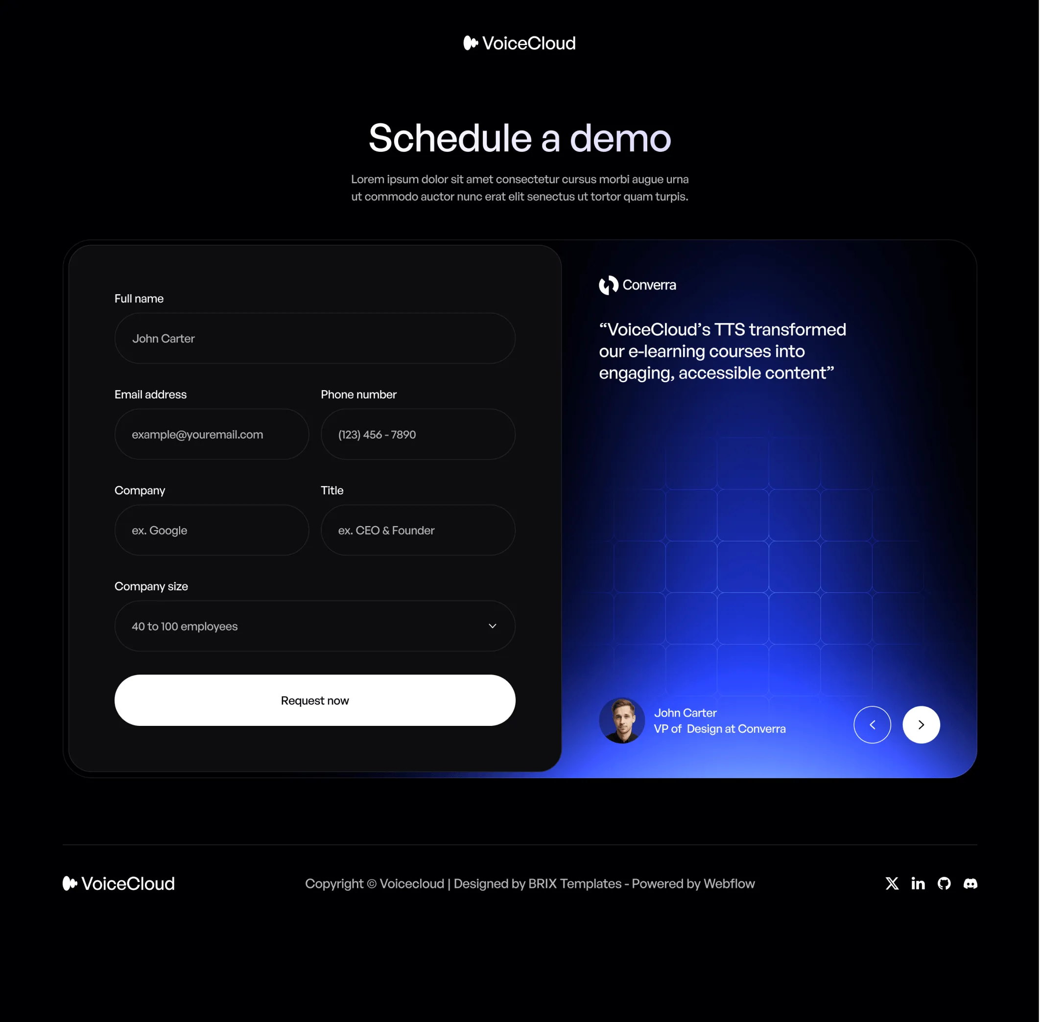 VoiceCloud - Request a Demo Utility Page - Text to Speech App Webflow Template | BRIX Templates