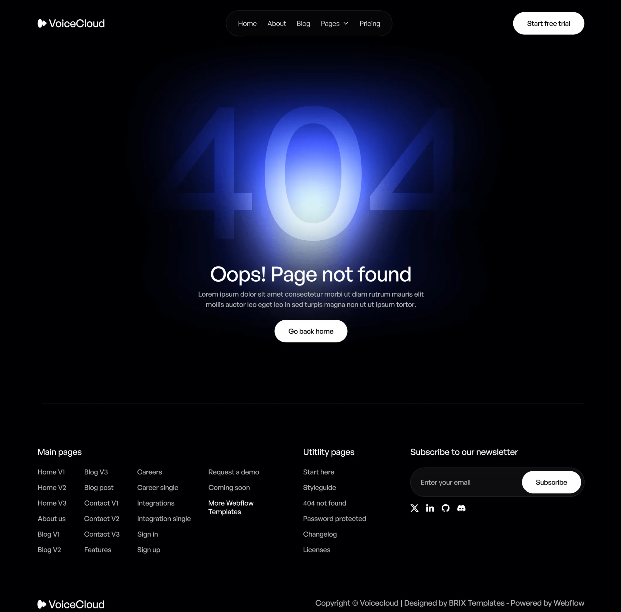 VoiceCloud - 404 Not Found Utility Page - Text to Speech App Webflow Template | BRIX Templates