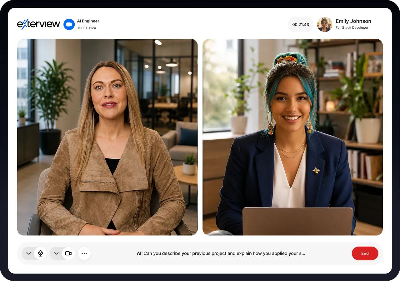 Exterview AI interview interface showing an interviewer and candidate