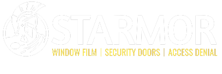 STARMOR logo with a Spartan helmet icon and the tagline 'Window Film | Security Doors | Access Denial' in yellow text.