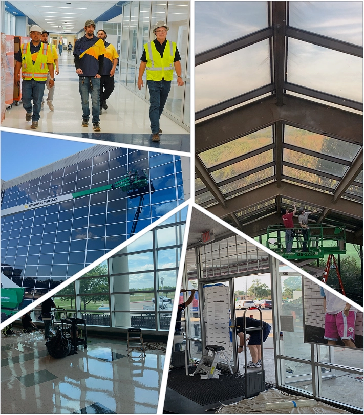 Collage of construction and maintenance scenes showing workers in safety vests walking in a corridor, cleaning or repairing glass windows with a lift outside a modern building, and indoor floor cleaning in a commercial space.
