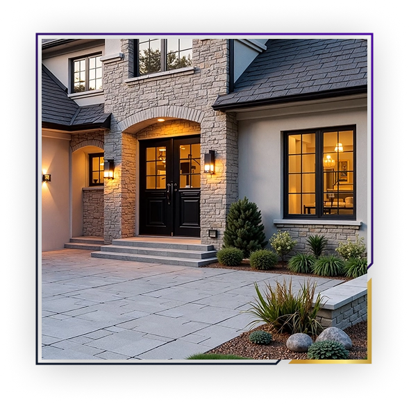 Elegant house entrance with stone façade, black double doors, warm wall lights, and landscaped front yard.