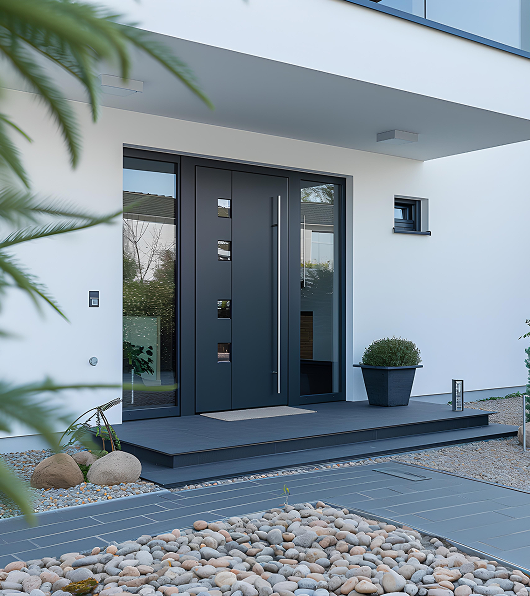 Modern gray front door with glass panels and a long handle under a white overhang, next to a potted plant on a gray tiled porch.