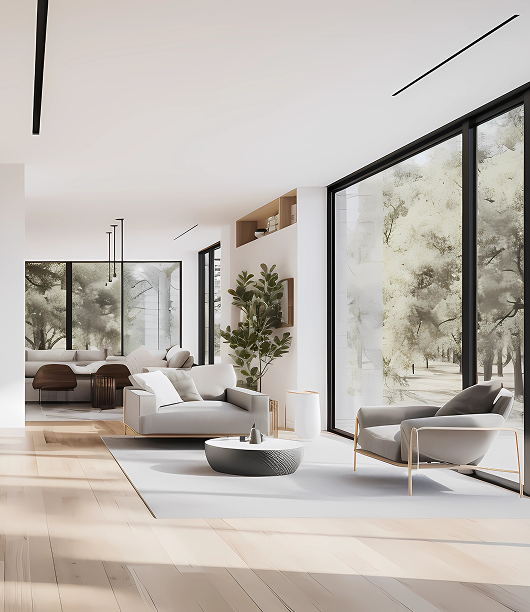 Modern living room with large floor-to-ceiling windows, light wooden flooring, neutral-colored sofas, armchair, and a small round coffee table on a light rug.