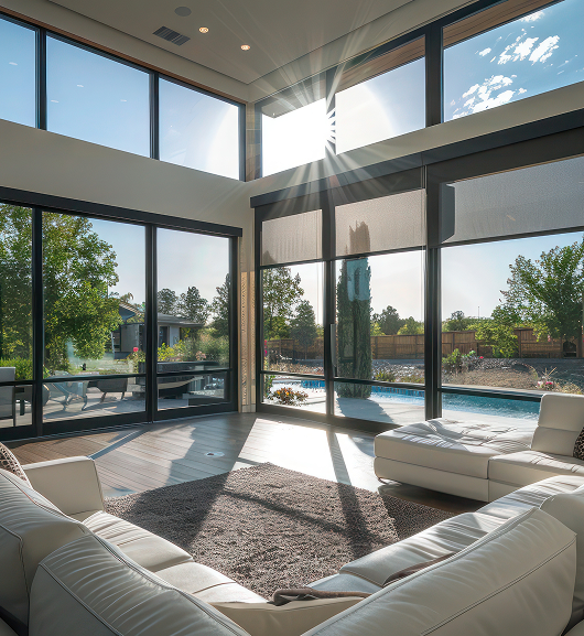 Sunlight shining through large windows into a modern living room with white leather sofas and a gray rug.