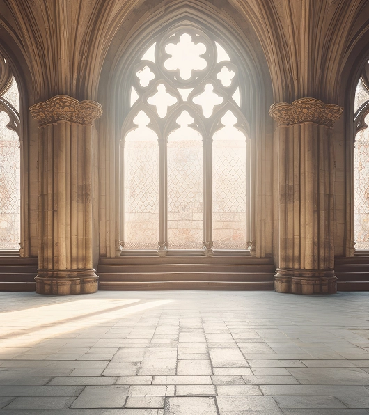 Interior of a Gothic-style hall with large ornate arched windows and stone pillars, illuminated by soft daylight.