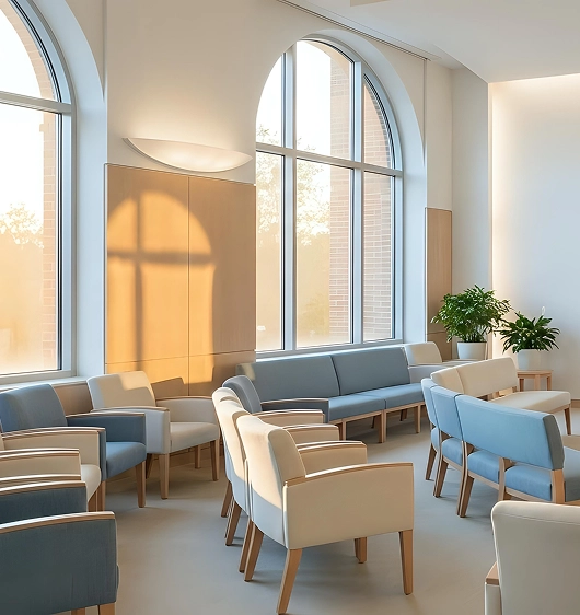 Modern waiting room with arched windows, beige and blue armchairs, and potted plants illuminated by warm natural light.