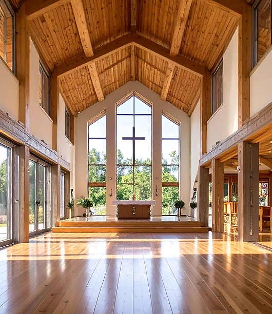 Bright chapel interior with wooden vaulted ceiling, large windows, wooden floor, and central altar featuring a cross.