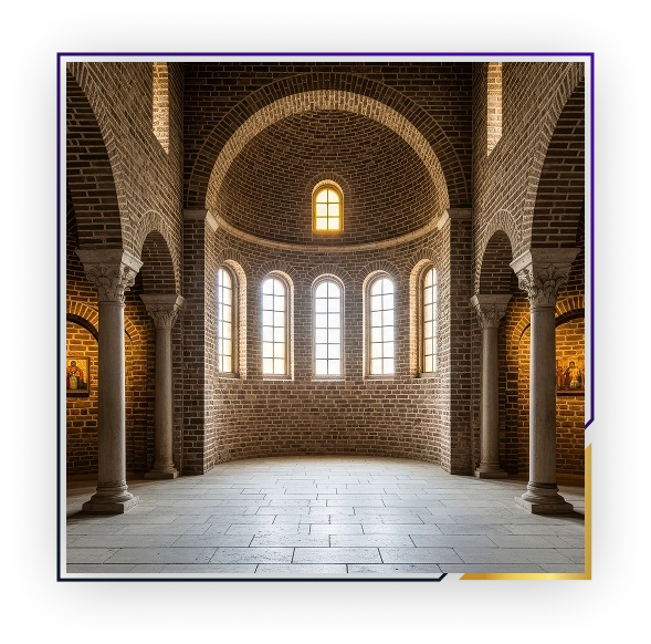Interior of a Romanesque-style stone chapel with arched windows, columns, and warm natural light.