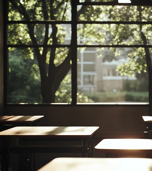 Sunlit empty classroom desks in front of a large window showing green trees outside.