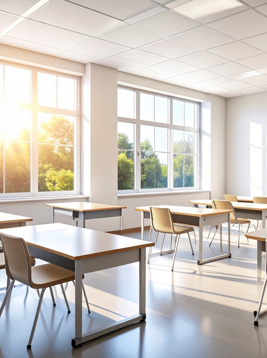 Sunlit empty classroom with multiple desks and chairs arranged by large windows showing green trees outside.