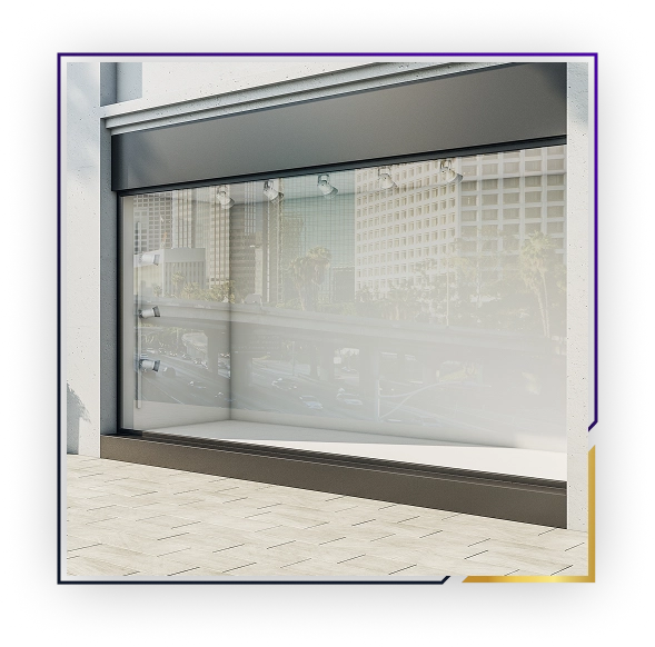 Empty retail store window display with reflective glass showing city buildings and street outside.