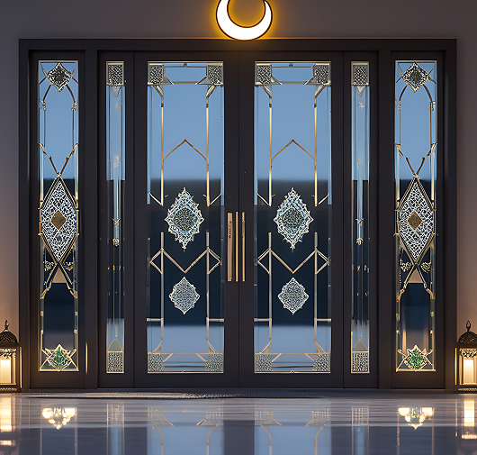Decorative double glass doors with intricate geometric and floral patterns, flanked by lanterns and topped with a glowing crescent light.